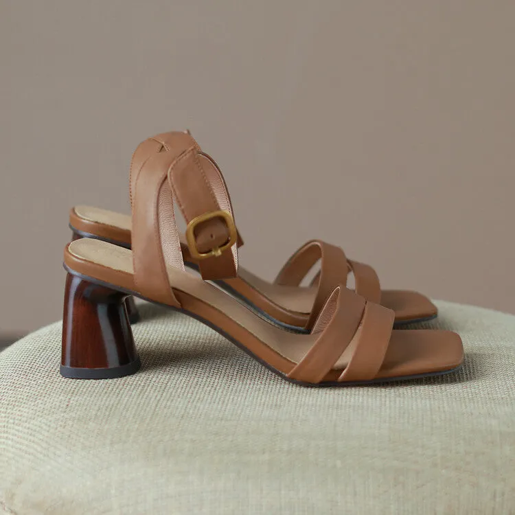Ladies Leather Ankle Strap Block Heel Sandals