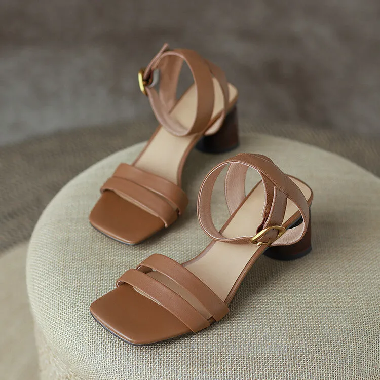 Ladies Leather Ankle Strap Block Heel Sandals