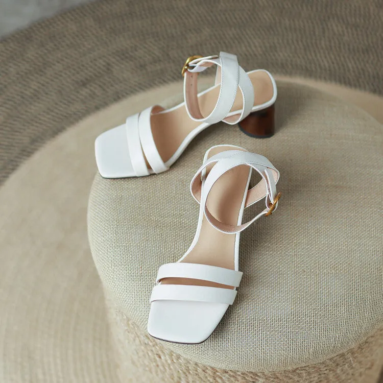 Ladies Leather Ankle Strap Block Heel Sandals