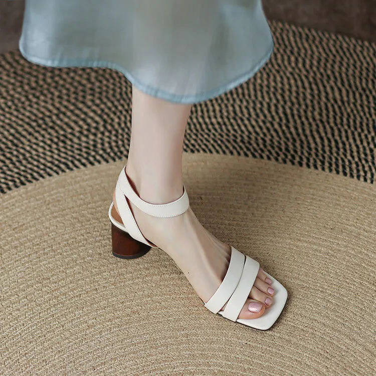 Ladies Leather Ankle Strap Block Heel Sandals