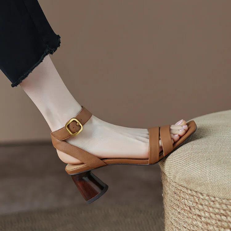 Ladies Leather Ankle Strap Block Heel Sandals