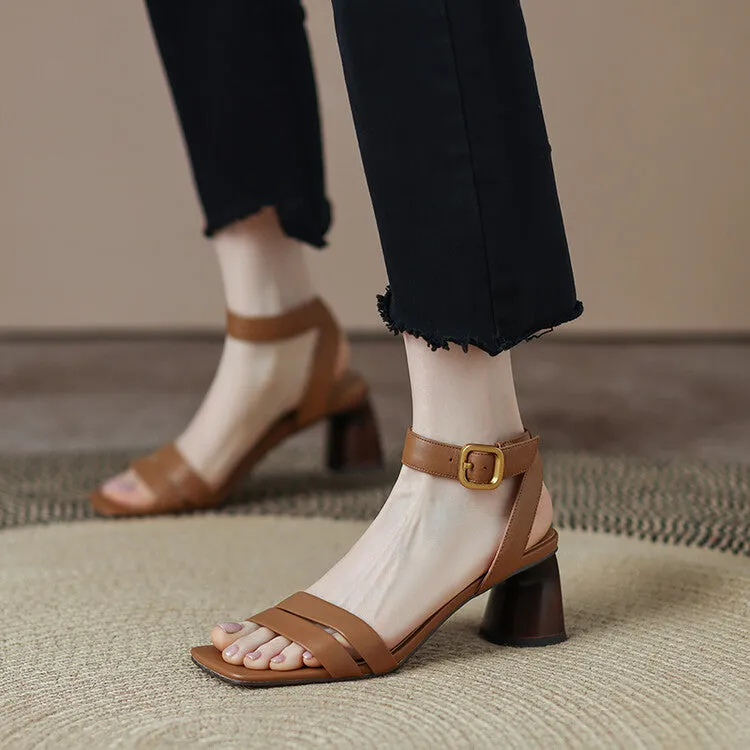 Ladies Leather Ankle Strap Block Heel Sandals