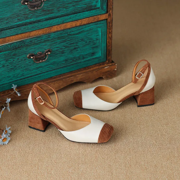 Ladies Leather Square Toe Ankle Strap Block Heel Pumps