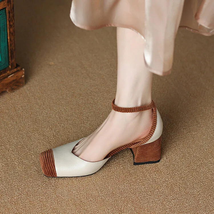 Ladies Leather Square Toe Ankle Strap Block Heel Pumps