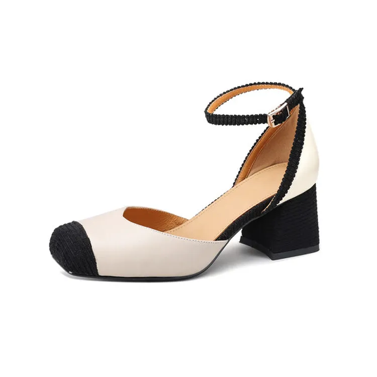 Ladies Leather Square Toe Ankle Strap Block Heel Pumps