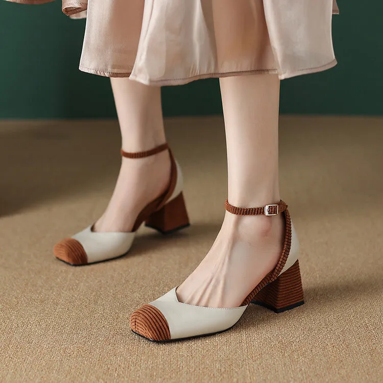 Ladies Leather Square Toe Ankle Strap Block Heel Pumps