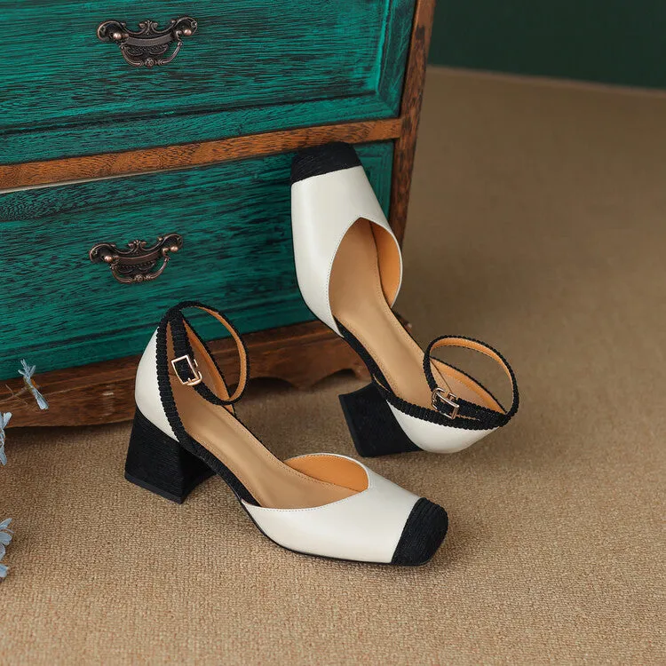 Ladies Leather Square Toe Ankle Strap Block Heel Pumps