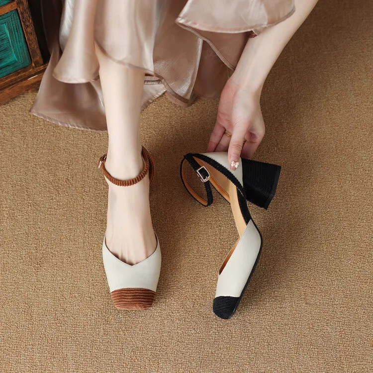 Ladies Leather Square Toe Ankle Strap Block Heel Pumps
