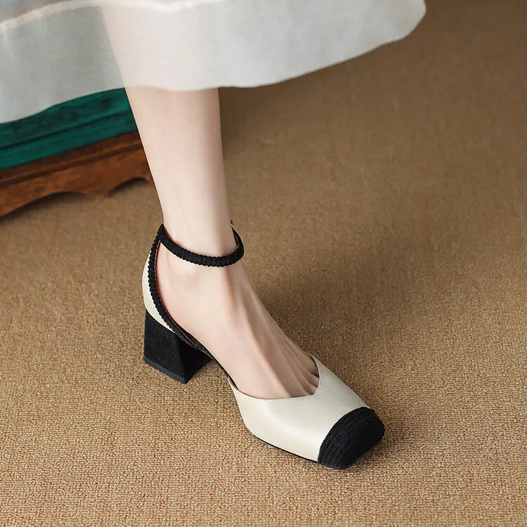 Ladies Leather Square Toe Ankle Strap Block Heel Pumps