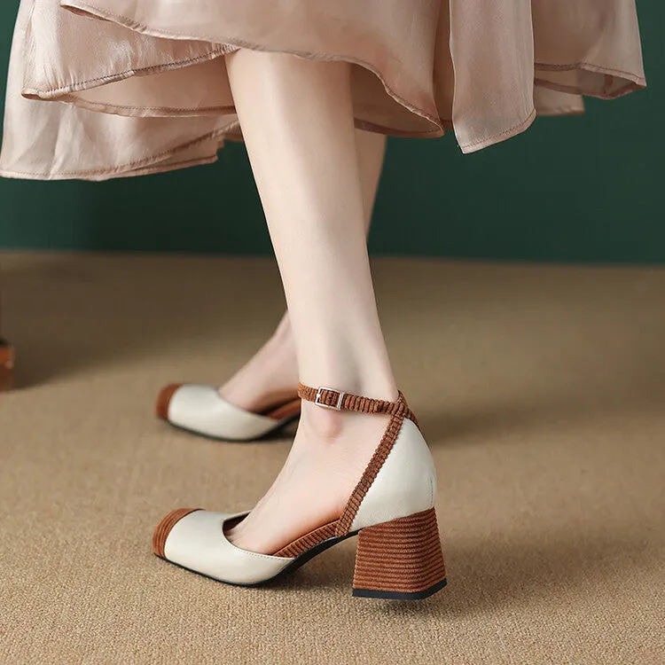 Ladies Leather Square Toe Ankle Strap Block Heel Pumps