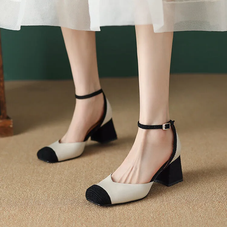 Ladies Leather Square Toe Ankle Strap Block Heel Pumps
