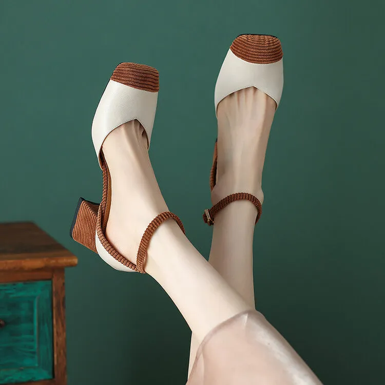 Ladies Leather Square Toe Ankle Strap Block Heel Pumps