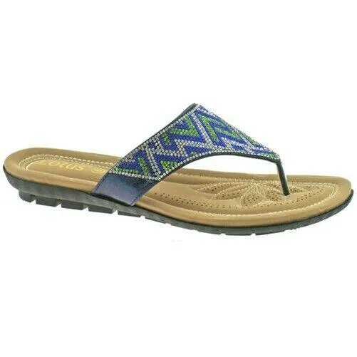 LADIES LOTUS PATTI BLUE DIAMANTE SHIMMER THONG TOE POST FLAT SANDALS ULP009