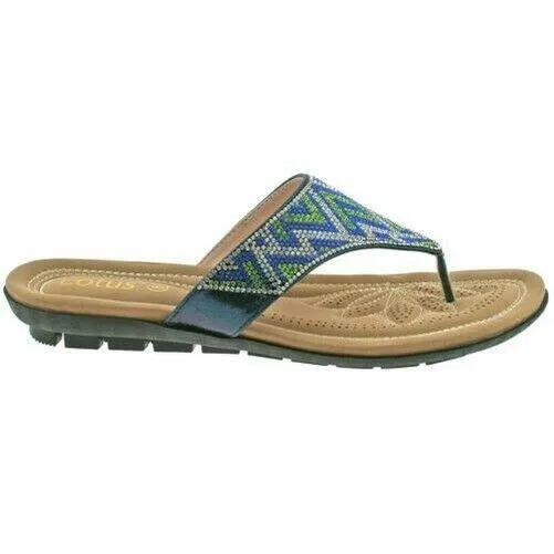 LADIES LOTUS PATTI BLUE DIAMANTE SHIMMER THONG TOE POST FLAT SANDALS ULP009