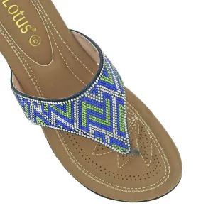 LADIES LOTUS PATTI BLUE DIAMANTE SHIMMER THONG TOE POST FLAT SANDALS ULP009