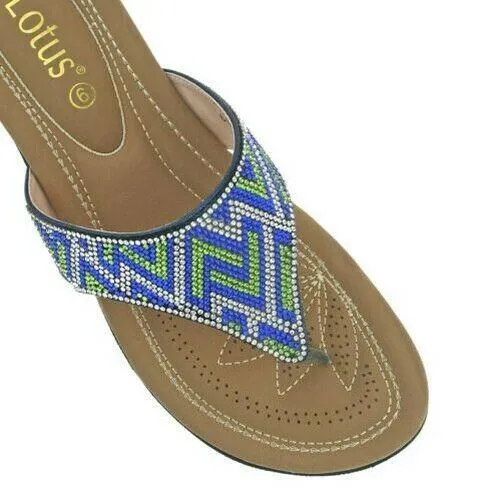 LADIES LOTUS PATTI BLUE DIAMANTE SHIMMER THONG TOE POST FLAT SANDALS ULP009