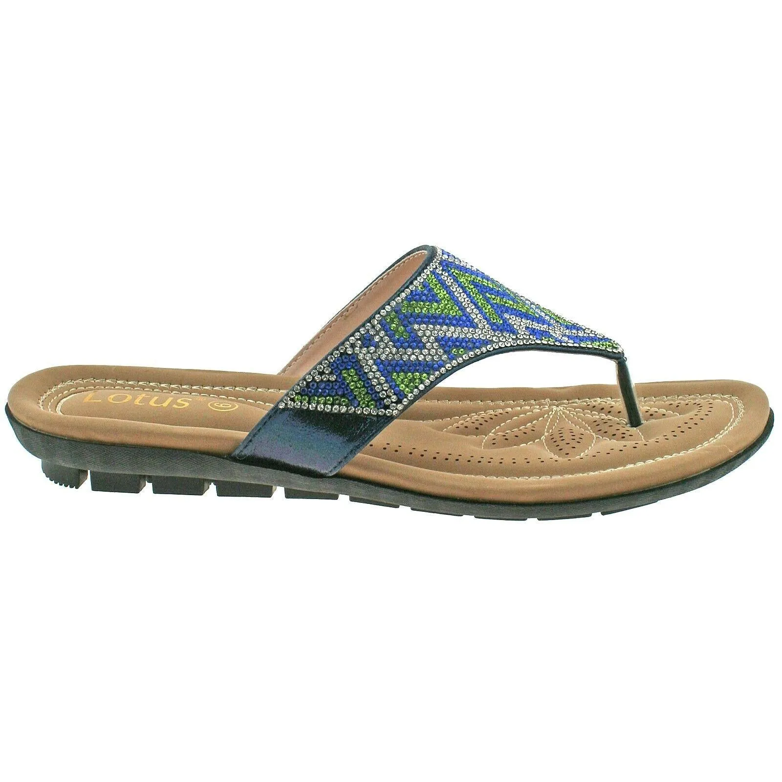 LADIES LOTUS PATTI BLUE DIAMANTE SHIMMER THONG TOE POST FLAT SANDALS ULP009