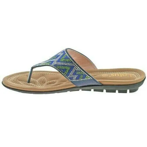LADIES LOTUS PATTI BLUE DIAMANTE SHIMMER THONG TOE POST FLAT SANDALS ULP009