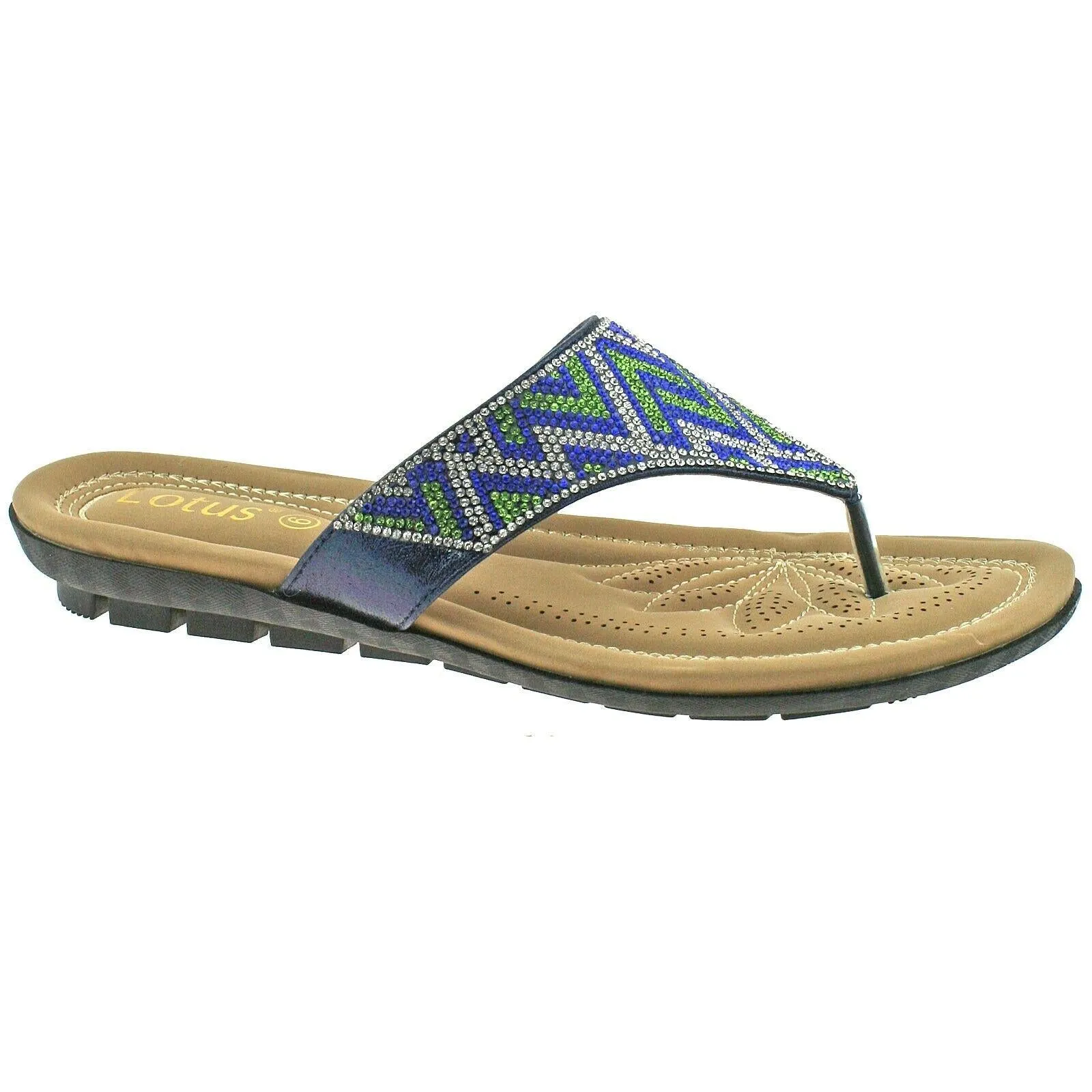 LADIES LOTUS PATTI BLUE DIAMANTE SHIMMER THONG TOE POST FLAT SANDALS ULP009