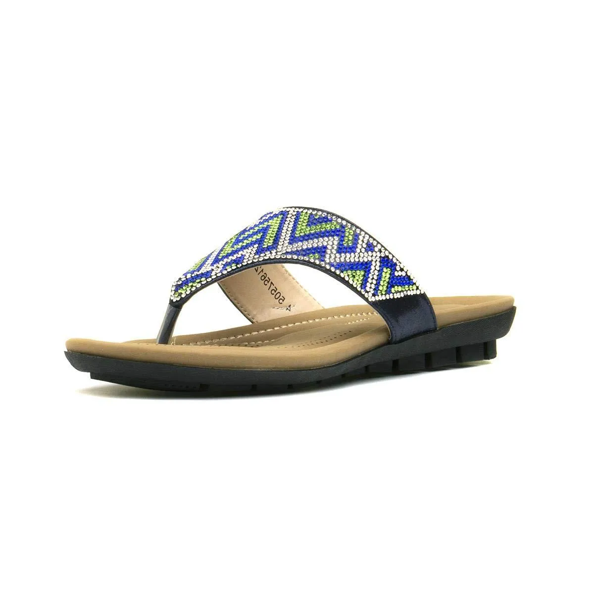 LADIES LOTUS PATTI BLUE DIAMANTE SHIMMER THONG TOE POST FLAT SANDALS ULP009