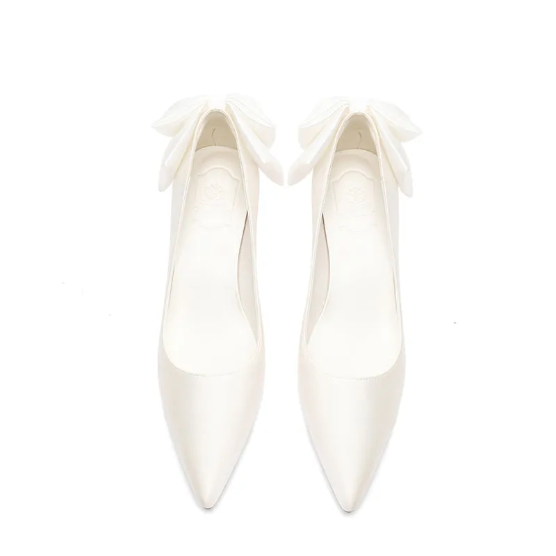Ladies Pointed Toe Bow Detail Block Heel Pumps Wedding&Evening Shoes