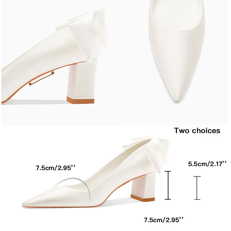 Ladies Pointed Toe Bow Detail Block Heel Pumps Wedding&Evening Shoes