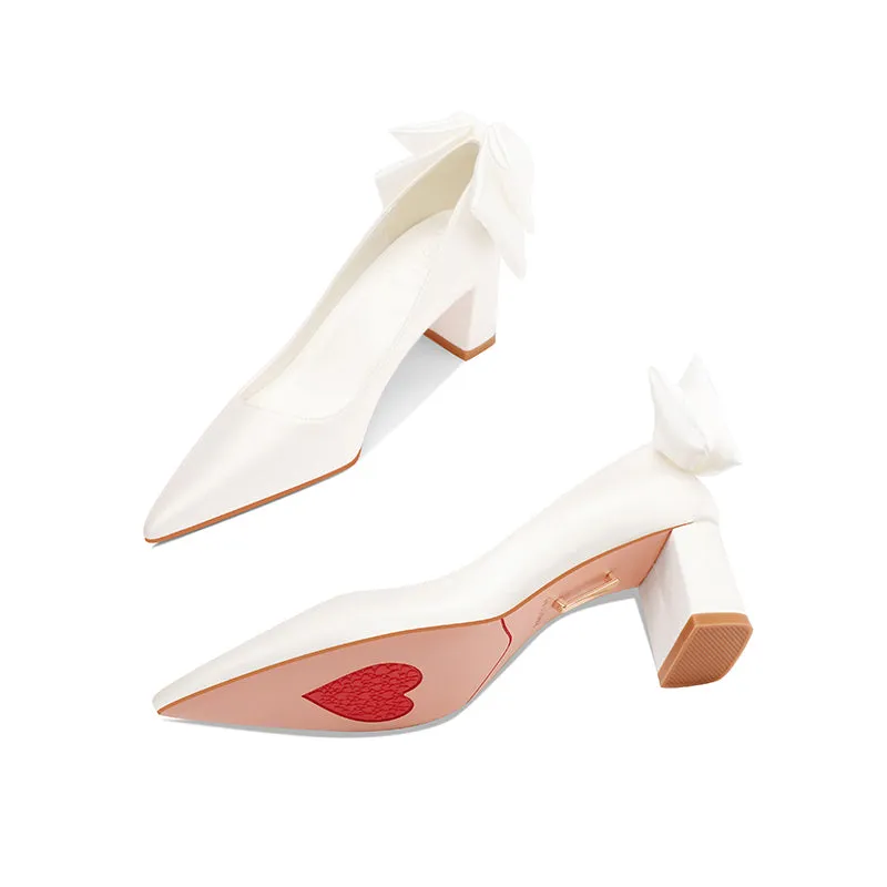 Ladies Pointed Toe Bow Detail Block Heel Pumps Wedding&Evening Shoes