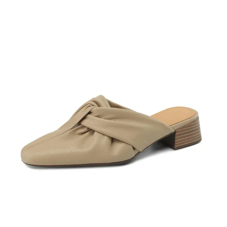 Ladies Pointed Toe Twist-front Leather Heeled Mules