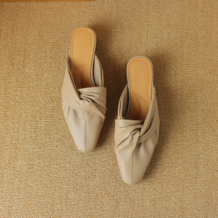 Ladies Pointed Toe Twist-front Leather Heeled Mules