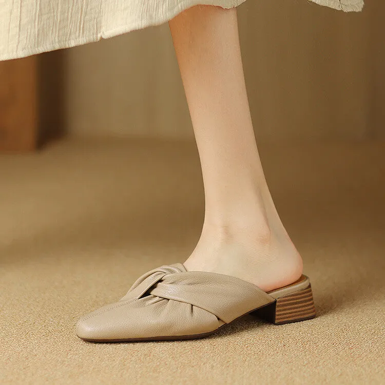Ladies Pointed Toe Twist-front Leather Heeled Mules