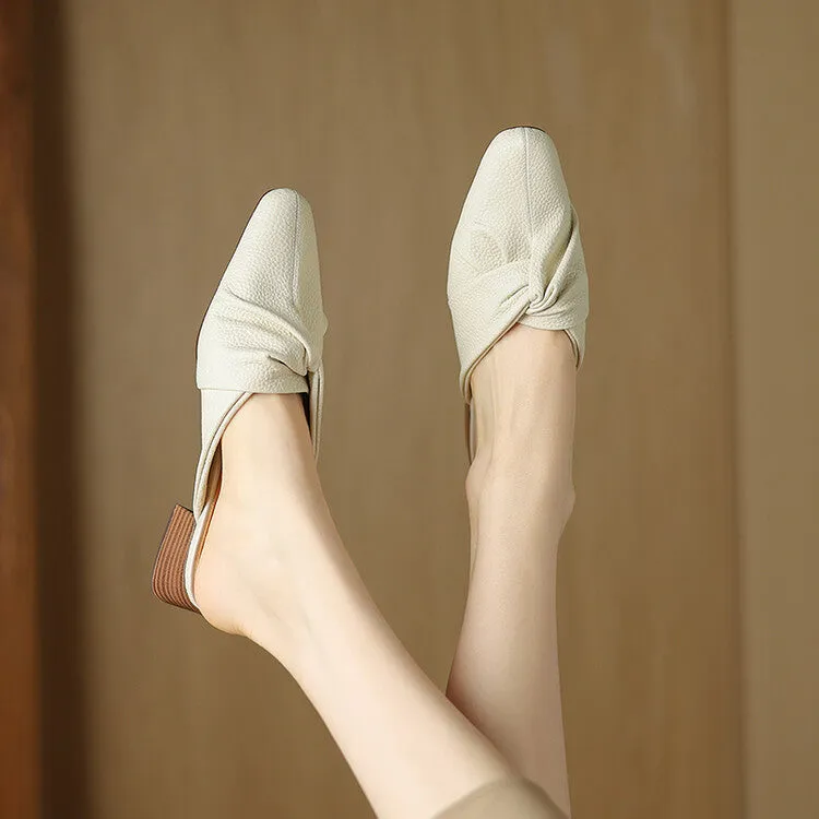 Ladies Pointed Toe Twist-front Leather Heeled Mules