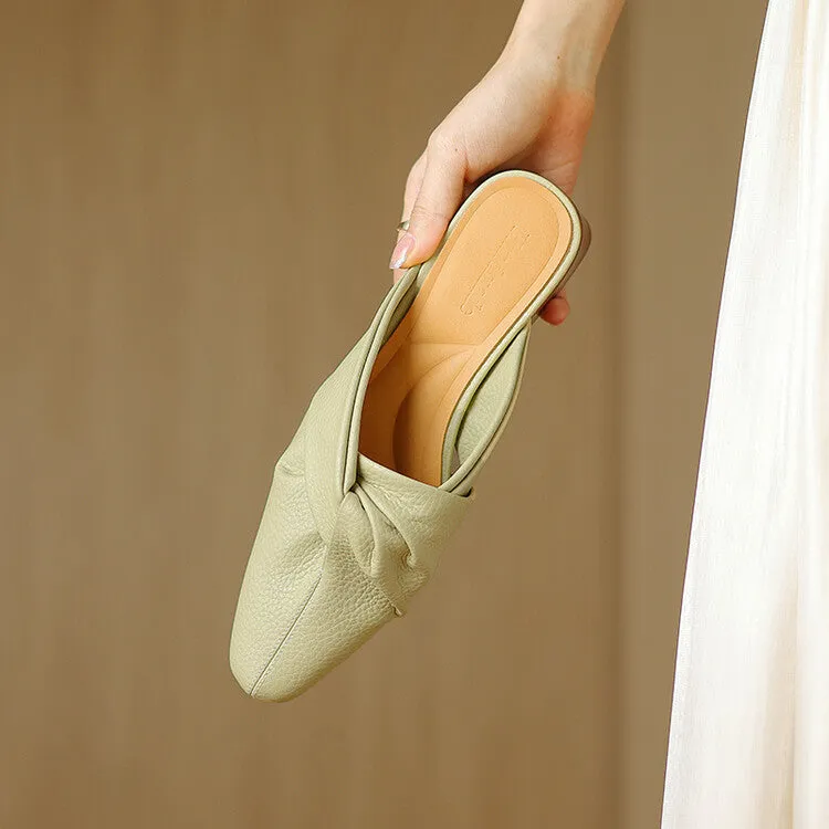Ladies Pointed Toe Twist-front Leather Heeled Mules