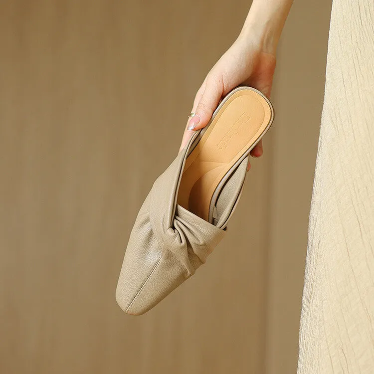 Ladies Pointed Toe Twist-front Leather Heeled Mules
