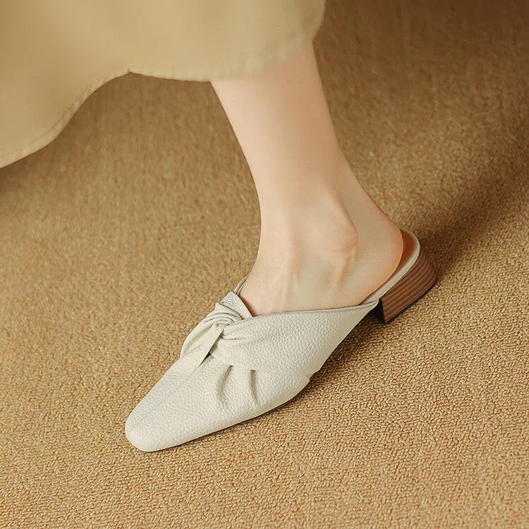 Ladies Pointed Toe Twist-front Leather Heeled Mules