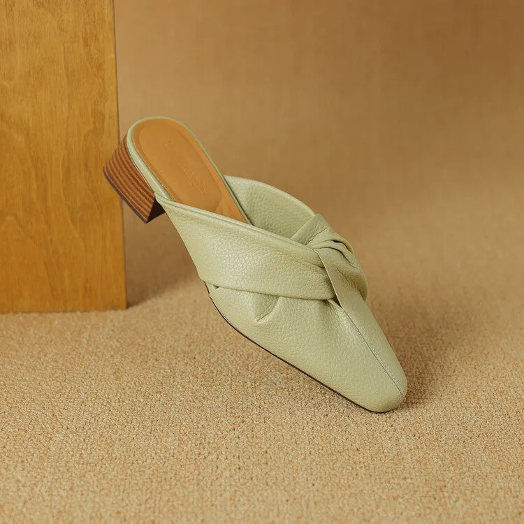 Ladies Pointed Toe Twist-front Leather Heeled Mules