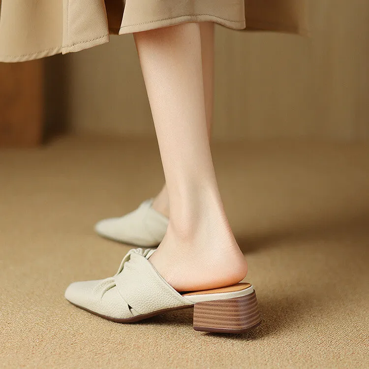 Ladies Pointed Toe Twist-front Leather Heeled Mules