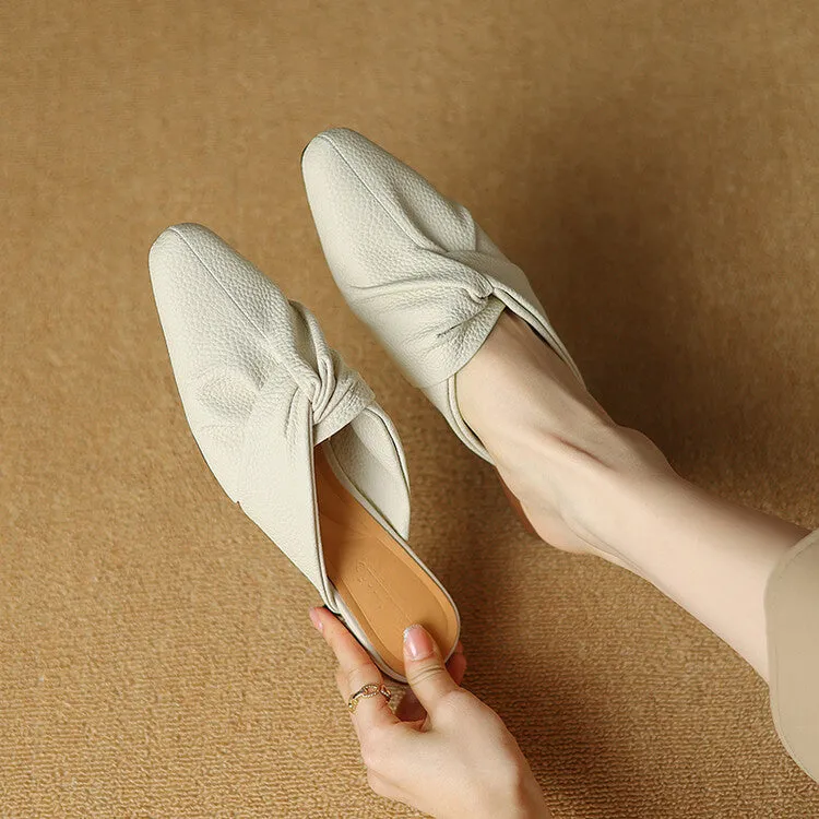 Ladies Pointed Toe Twist-front Leather Heeled Mules