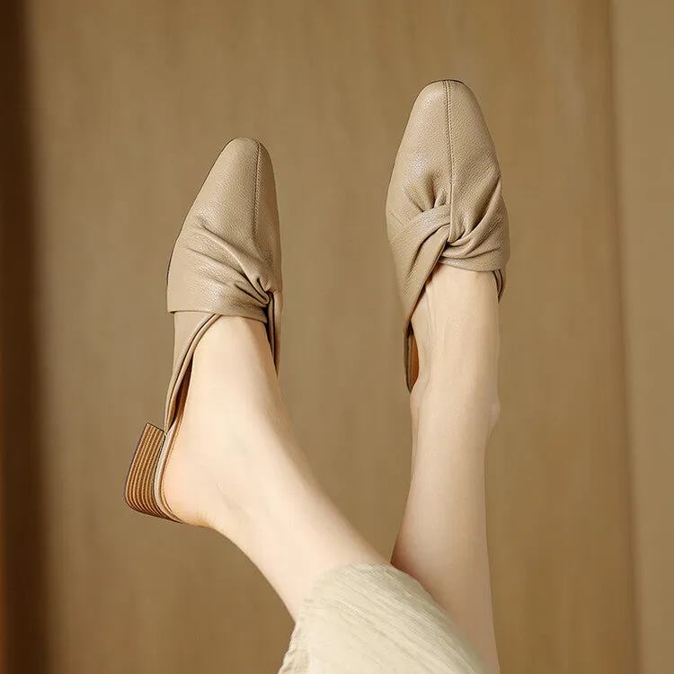 Ladies Pointed Toe Twist-front Leather Heeled Mules