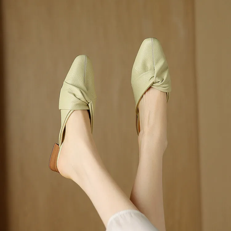 Ladies Pointed Toe Twist-front Leather Heeled Mules