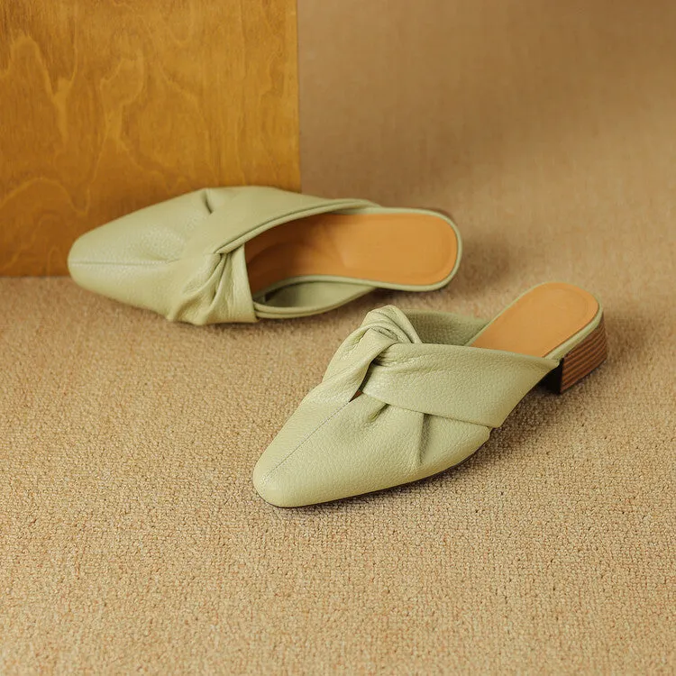 Ladies Pointed Toe Twist-front Leather Heeled Mules