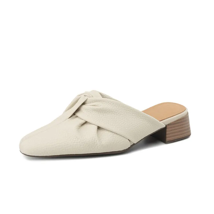 Ladies Pointed Toe Twist-front Leather Heeled Mules