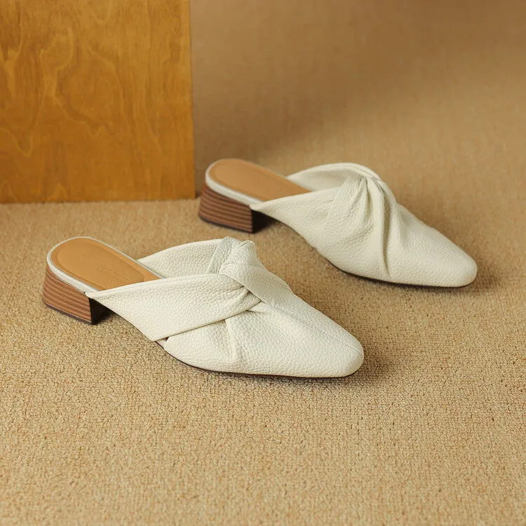 Ladies Pointed Toe Twist-front Leather Heeled Mules