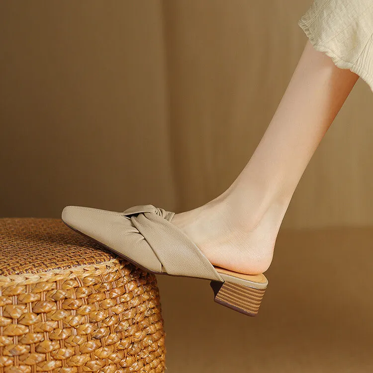 Ladies Pointed Toe Twist-front Leather Heeled Mules