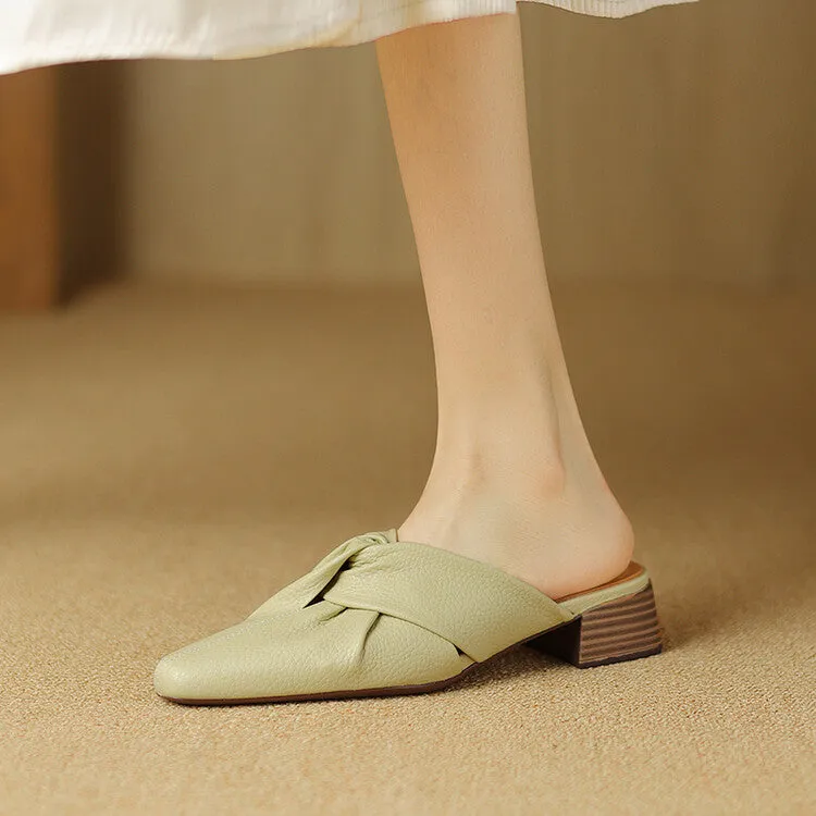 Ladies Pointed Toe Twist-front Leather Heeled Mules