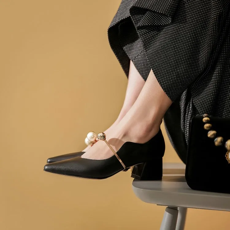 Ladies Pointy Toe Genuine Leather Block Low Heel Pumps