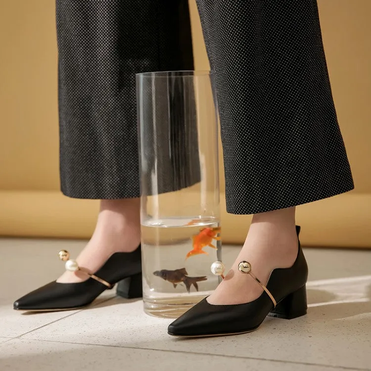 Ladies Pointy Toe Genuine Leather Block Low Heel Pumps