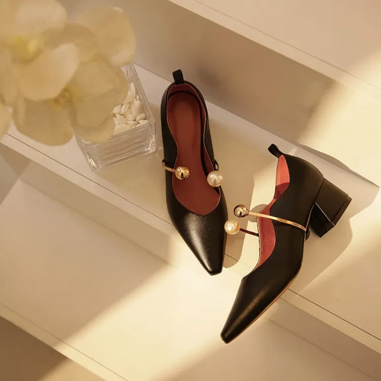 Ladies Pointy Toe Genuine Leather Block Low Heel Pumps