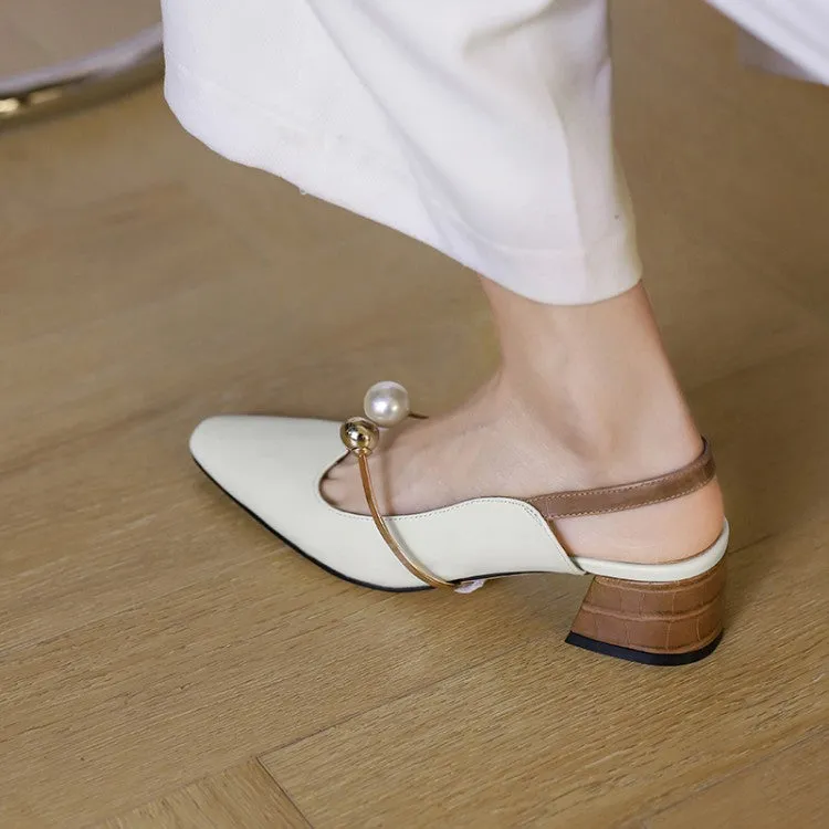 Ladies Pointy Toe Genuine Leather Block Low Heel Slingback Pumps