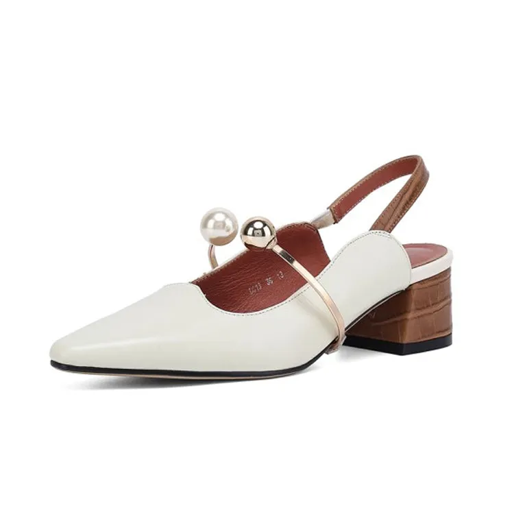 Ladies Pointy Toe Genuine Leather Block Low Heel Slingback Pumps