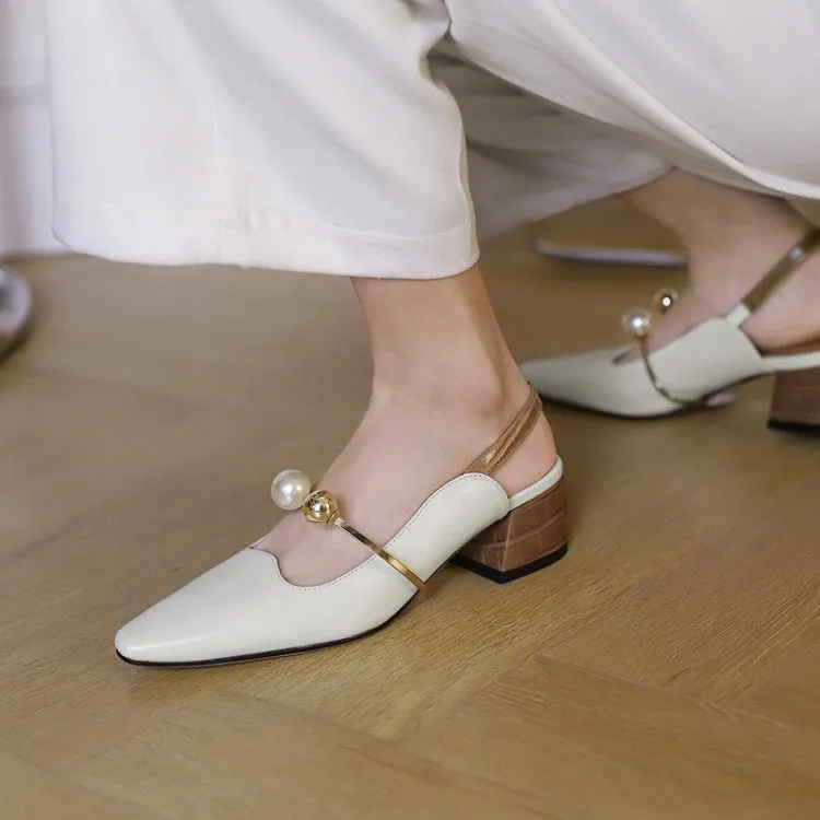 Ladies Pointy Toe Genuine Leather Block Low Heel Slingback Pumps
